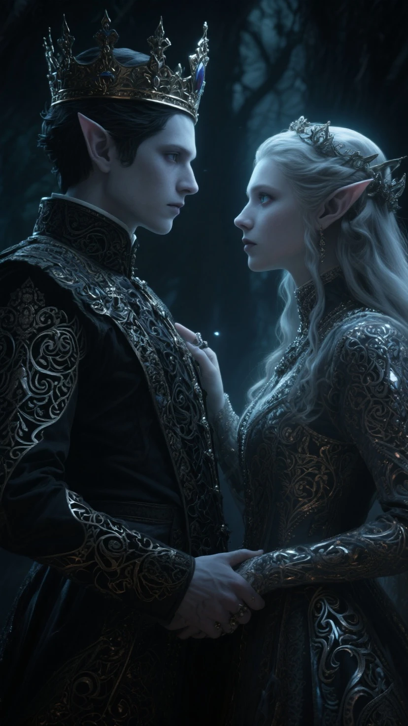 Two androgynous kingand queen elves in love, gazing into each others eyes, gothic Victorian style, Hyperpolished Octane render