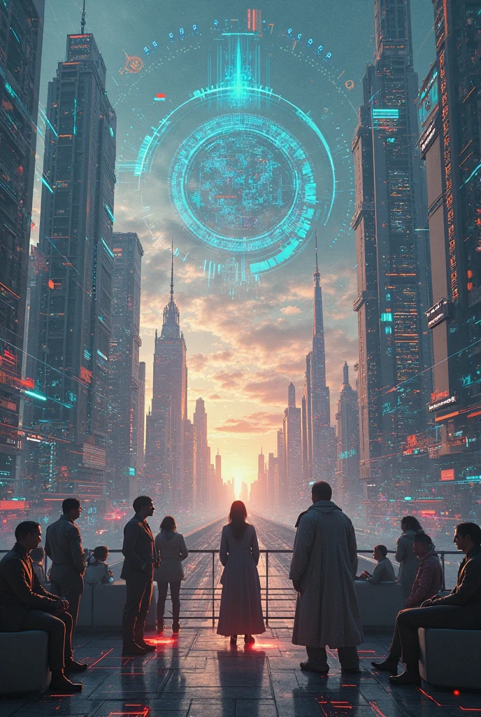 a hyperrealistic image capturing a futuristic simulated world, which creates the illusion of an infinite universe. Show main scene, where humanity, inhabiting this simulation, facing limited energy resources. Main elements:

	1.	A simulated world: A country with technological and cosmic elements, which create the impression of an endless universe. Use the majestic starry heavens, artistic depictions of galaxies and ultra-modern architecture, which emphasize the artificial nature of the environment.
	2.	Rhizome Society: Display ľudské technológie a systémy organizované v dynamických, nonlinear networks. Use futuristic screens and holograms, which illustrate decentralized structures and research in the field of energy technologies.
	3.	Language and deconstruction: Display interakcie medzi ľuďmi a ich jazykovými systémami, which are flexible and constantly changing. Visualize abstract symbols and texts, which illustrate Derrida&#39;s theory of the ever-changing meaning of words and their impact on reality.
	4.	The discovery of true reality: In the background, show the transition from the simulated world to reveal the real one, smaller universe. Display, how humanity adapts to the new, complex universe and interacts with new life forms.

Capture these elements in epic proportions and with an emphasis on hyper-realistic detail, to make the image a vivid and immersive expression of a philosophical concept.