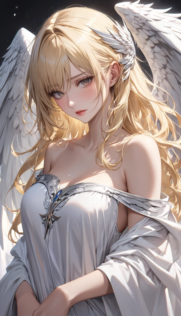 a severely injured angel with blonde hair, leaning against the dark city alley walls, their wings severely damaged, white eyes, (best quality,4k,8k,highres,masterpiece:1.2),ultra-detailed,(realistic,photorealistic,photo-realistic:1.37),chiaroscuro lighting,dramatic shadows,moody lighting,cinematic composition,dark and gritty,dystopian,gothic,dramatic,dark fantasy,dramatic pose