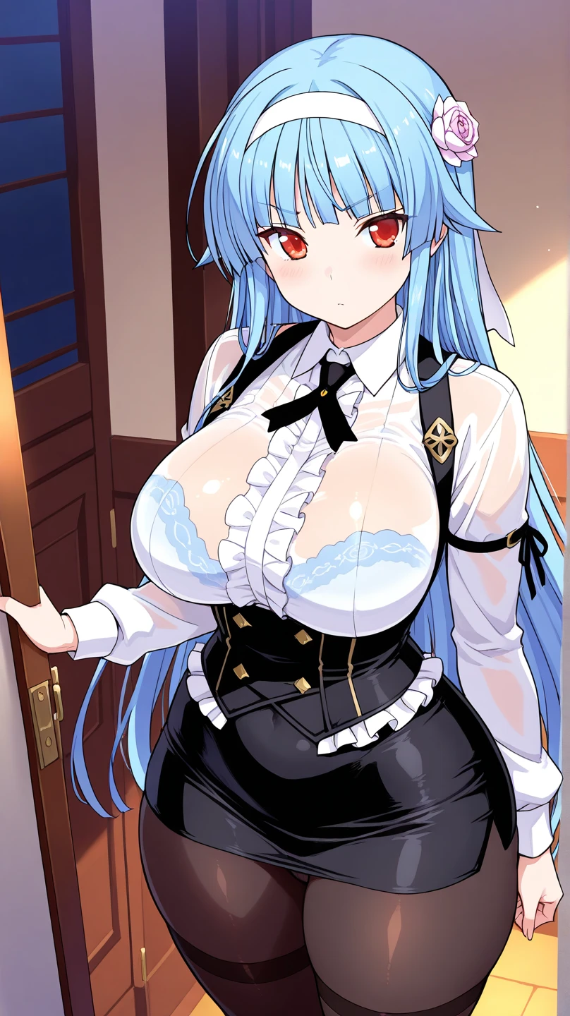My name is Yukiko.I am a white test woman with long Sky blue hair,red eye color.I am 1.62 cm tall . My breasts measure 200 cm, my waist 40 cm and my hips 200 cm. Dressed in a low-cut white formal shirt and a short black skirt . With big breasts 200 cm