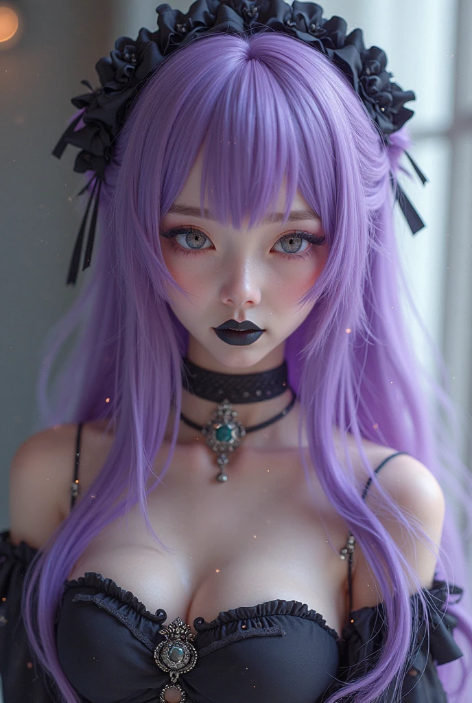 A beautiful girl with violet hair and magenta eyes and a black cornea on her left eye. Beautiful. Her breasts are big. Her clothes are black and her sleeves are white. She wears a bright blue gem necklace. Her hair covers her left eye. Has a bright blue gem on her forehead. Beautiful

