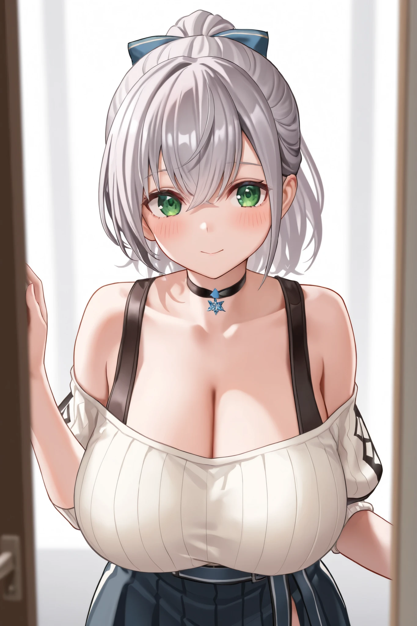 One girl, short hair, grey hair, brown eyes, makeup, happy smile, big breasts, house, (selfie)