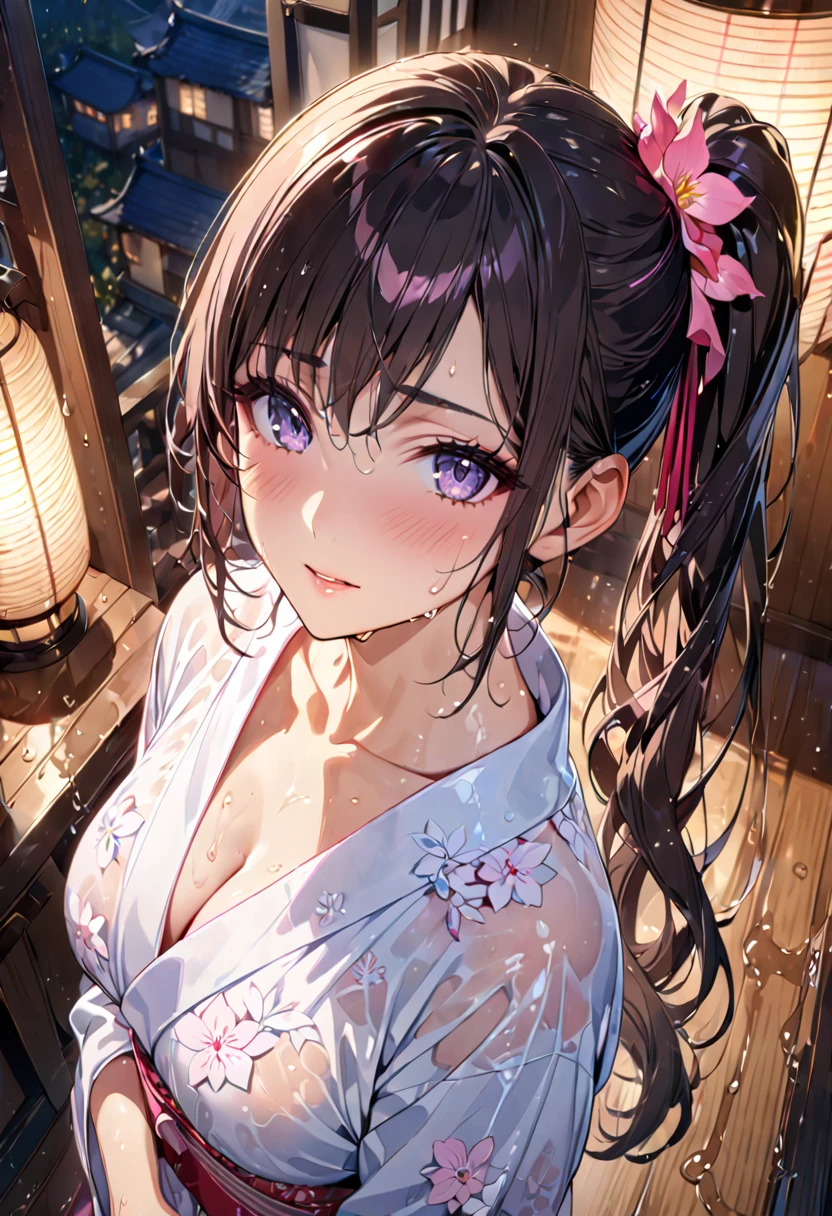 (top-quality、masterpiece、very high res、An ultra-high picture quality、High quality pixels)、(She is a mysterious and bewitching woman, And she is 18 years old,1 person,Single,独奏:1.5)、(She is a very beautiful woman with a beautiful face)、(Beautiful face written in detail,Beautiful body,Strong-willed eyes,Purple eyes,beautiful colored hair,Beautiful skin texture)、(Beautiful hair quality,Variety of hairstyles)、(She has a slender figure and her breasts are D cups)、(Bewitching look,Lovely smile,Smile, Open mouth,),(Wearing a Japan yukata),(Ryokan rooms),(Relaxed posture),Beautiful Art Style, an animated character、(The whole picture、Detailed picture、accurate anatomy、Defect-free images、extremely detailed picture、Accurate images、Perfect Image 1.5)、(Best Shot Photo 1.2)