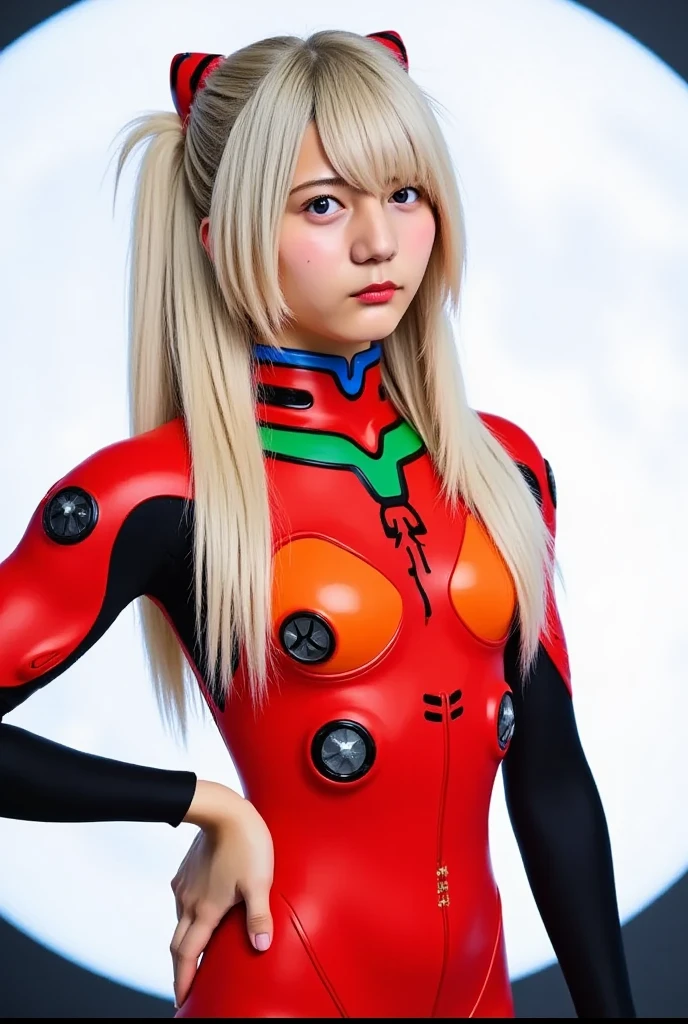 ⦅The camera angle is upper body:1.1⦆⦅Red Racing Suit:1.3⦆、Beautiful white and shining skin、Blonde hair that changes color depending on the light、Long bangs between the eyes obstruct vision、Shiny highlights on the cheeks、Sexy and very beautiful、Cute and gorgeous face、⦅Laughing with mouth open:1.1⦆、The most beautiful face in the world、Super long and gorgeous blonde hair、Ash gray shorthair、⦅Small bust size:1.2⦆、, Huge, bright, bright青い目、Beautiful Bangs、30Beautiful cute girl of the year.Small Face Beauty、Cheek Gloss Highlight Information