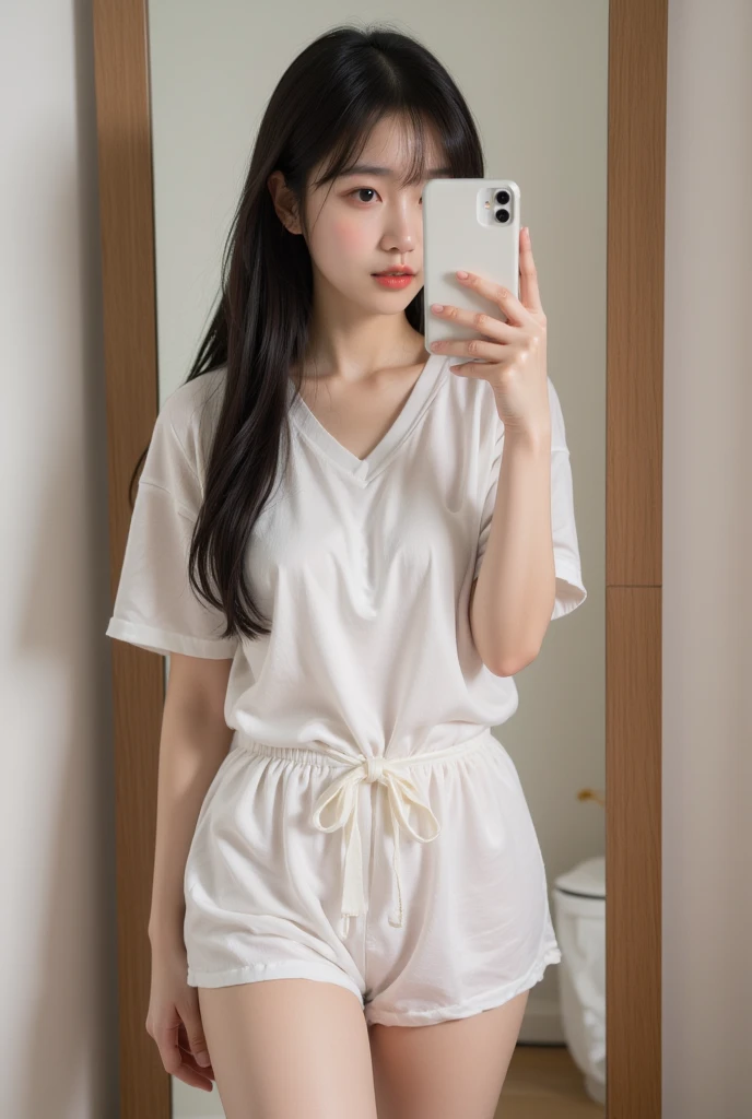 Asian girl, 30 years old, chubby, wide forehead, standing still, thin, sexy pajamas, picture of a real person, empty background