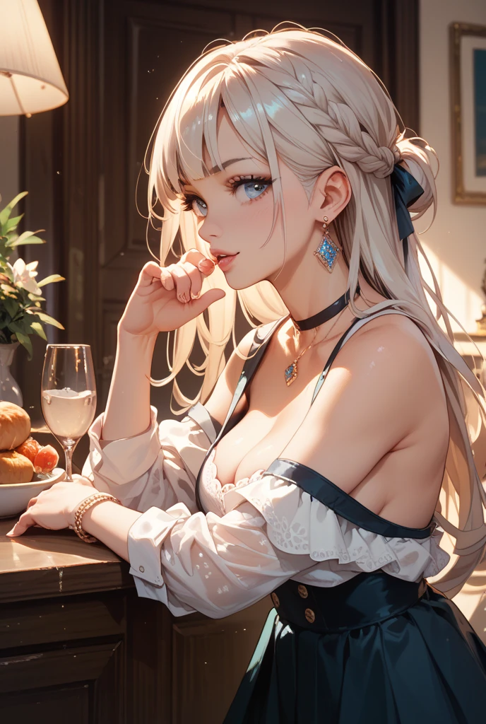 (masterpiece, best quality:1.2), (high resolution, 8K RAW photo, photo realistics, clear focus, weak outline:1.3), (cinematic lighting, moody, textile shading), pov, (solo:1.5), 1 matured woman, 24 years old, (milf:1.5), ((nfsw:1.5, fuge breast:1.3, sagging breast, big tits, breast cleavage, harass sexually, in heat, presenting)), ((Bright beautiful eyes with highlight:1.3)), (sitting a stool in night BAR counter, lying face down on the counter with putting arms on the counter top, looking at viewers, holding a cocktail glass), raised sexy, (little happy smile:1.3, shamed), light purple mesh on silver hair, medium long hair, hair over one eye, asymmetric hair, half updo hair, blue eyes, wearing white sexy party dresses, tight skirt with side slit, wearing green see-through shawl around your upper arms, (Luxury detailed accessories, necklace, earrings, Bracelets), bokeh, dynamic angle, upper body:1.2, close-up face:1.5, face focus, from side:1.2, (correct anatomy:1.6, ideal ratio of body proportions, correct hand:1.5, small hands), in a night, (drunk woman) (drunk woman)