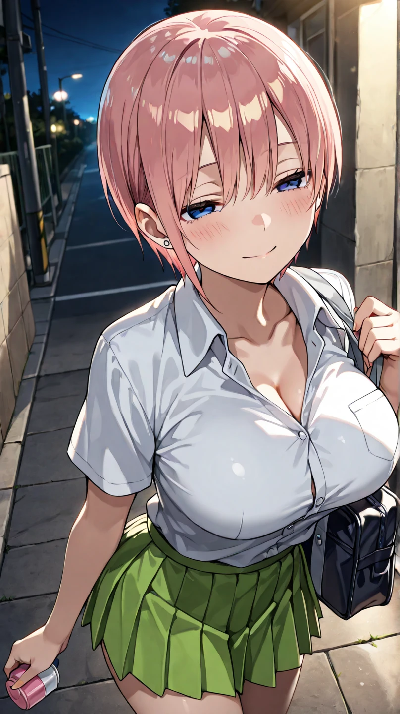 Hoshizora rin, Best Quality,(beauty), 1girl,phisically-based render ,ultra highres,(cowboy shot:1.5), skinny, big eyes,long legs,torn jeans,leather belt, big breasts, naked breasts, naked tits, pink nipples, puffy eyes, leather belt,(rainy city), shiny skin, facing viewer, uncovered breasts, sweating, flying sweat drops, Blushing, nervous, sweaty
