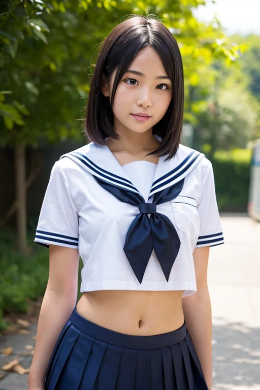 A neat and tidy elementary school student、(school uniform、Sailor suit、Ribbon tied on chest、Summer clothes、The upper body is white、The skirt is navy blue)、Inside the school、(slim)、Realistic、detailed, Skin Texture, 超detailed、Delicate and sexy collarbone、A sloppy smile、スーバーdetailedな顔、detailed唇、detailedな目、Small breasts、Small breasts、、Small breasts、Flat Chest、Bright Face、((Are standing、White and light blue striped panties are visible、Taking off her skirt、She is unzipping her skirt with both hands.))、Twin tails、Top View、8-year-old