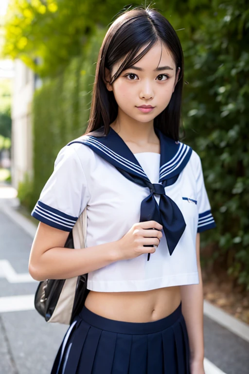 (16-year-old Japanese elementary school girls), (two little girls), (two little virgin girls), (two little virgin female students), (two female students), (two girls), (110cm tall), ((((small titsed)))), ((((small breasts))))), ((((flat chest)))), (navel-baring), (belly button exposed), Young girls are wearing baby blue bikinis and carrying school bags on their backs as they walk to school along the school route in a residential area,