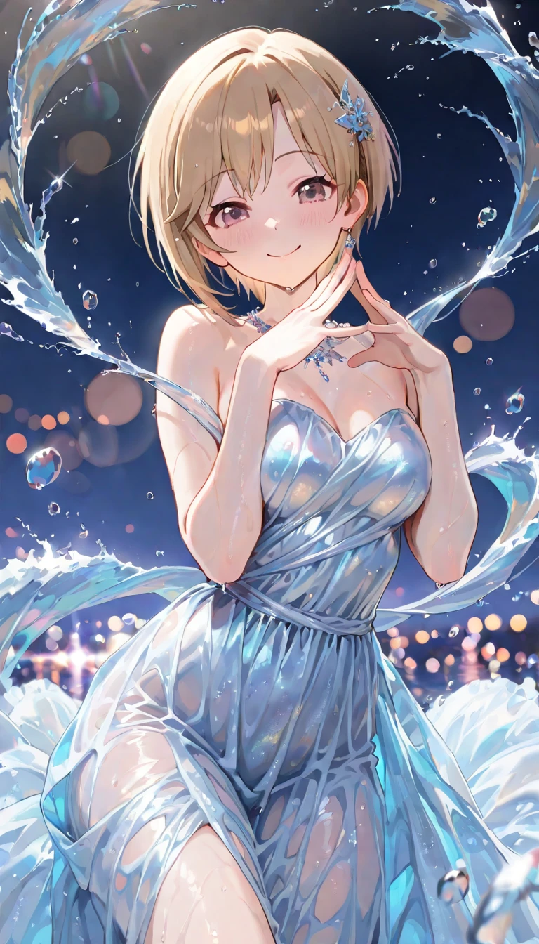 anime、beautiful girl、17 years old、short hair、Her hair is cut short, just short of her shoulders、Large Breasts、Bright eyes、Sparkling eyes、Upper Body、A cheerful smile、dancing、Clear water flows like a waterfall、Fantastic World、night、Starry Sky
