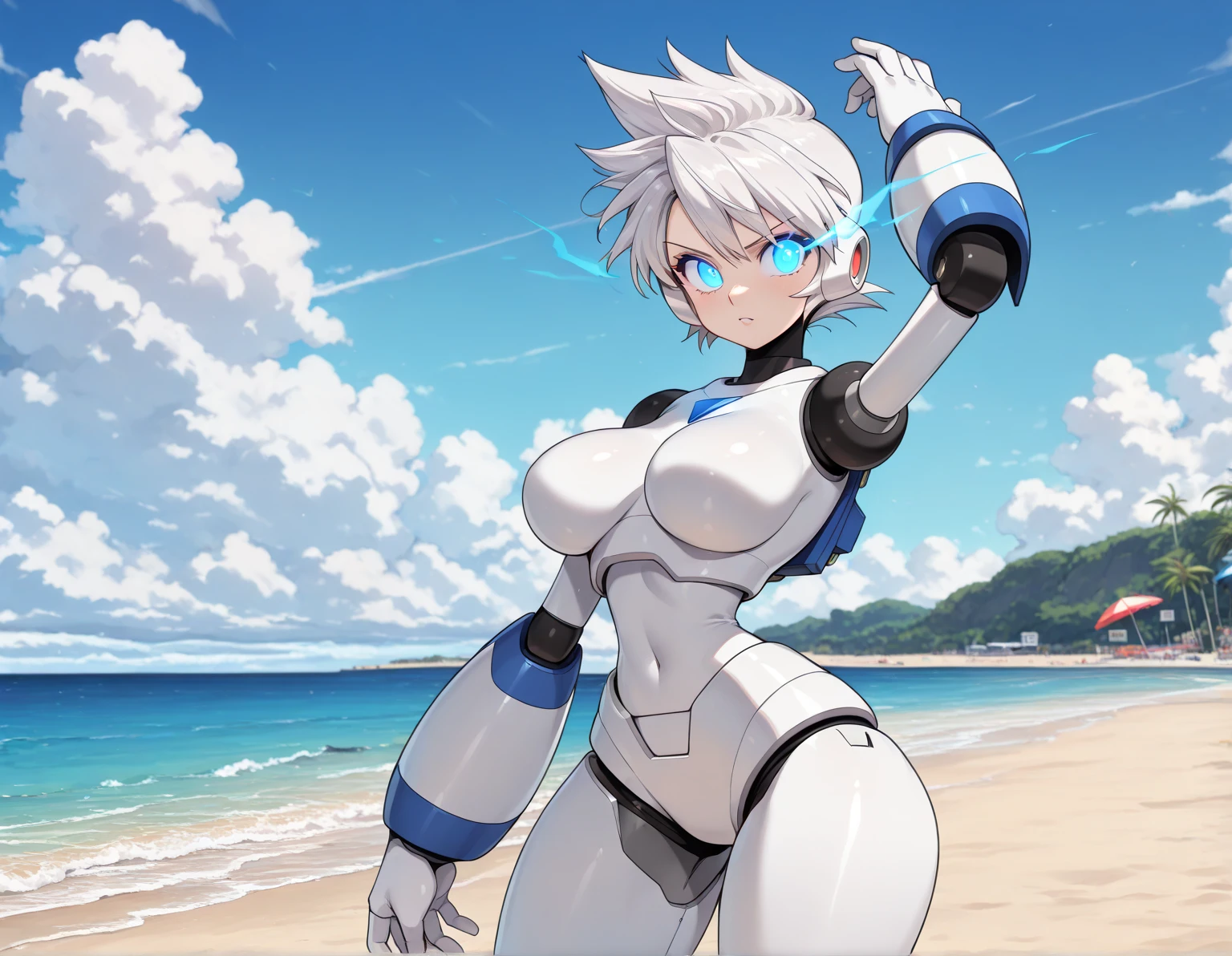(1 Girl:2.0)、巨作、Detailed beautiful face、Bright lighting、daytime、exteriors、Brighter、Detailed beautiful eyes、A high resolution、Ultra-fine illustration、extreamly delicate and beautiful、最好质量、The whole body is shown、Squatting、squatting down、hands behind head、Raise your arms、(maturefemale:1.2),30s、Open both knees、独奏、(Dark skinned:1.7), (has silver hair, short-cut、Bob Hair、Blue eyes),a smile、Smiled face、Hair tied at the back、Curvaceous, (shinny hair, glossy eyes, shinny skin), (shining skin:1.2), 、thights、Armpit、front facing,((Competitive swimsuit))、Pichi Pichi clothes、((The navel is hidden))、pelvis curtain、Armpits、a smile、black thighhighs、Watch your audience、under-boobs、Blushed、perspiring、Jeweled、Parting lips、white panty hose、Blushing cheeks、tiptoes、gloves、Elbow Gloves、Be proud