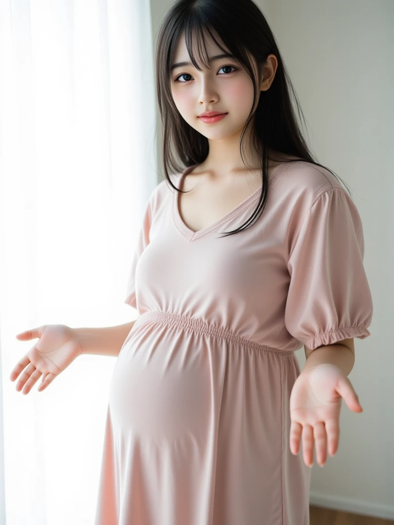 A woman,Mother,30 seconds,?? A pregnant woman,pregnant,pregnant,pregnant with twins,10 months pregnant,Pretty Face,Sexy body,Long hair,Wearing a pink transparent off-shoulder dress,