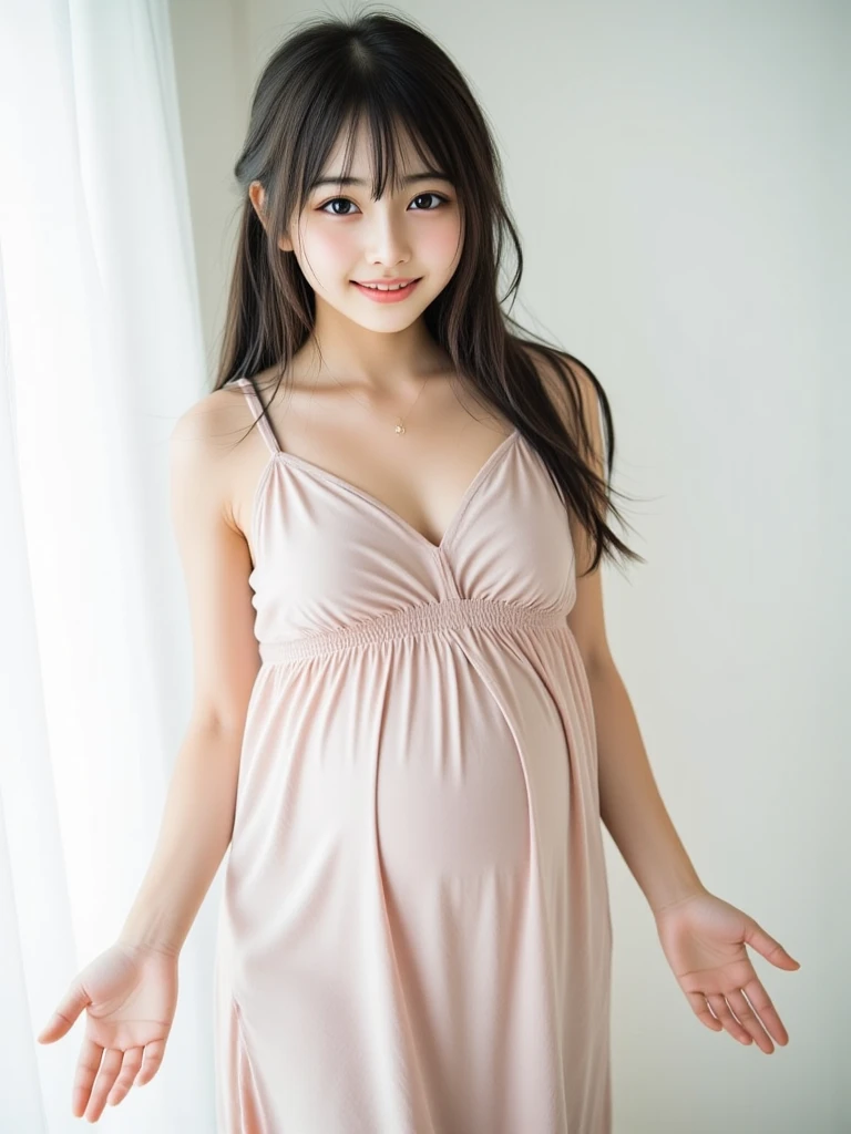 studio lights、depth of fields、The upper part of the body、A slender、cute face、a smile、Beautiful detail eyes、Japan 19 years old、cute little、voluminous curls of warm blonde color,、plaza、rcasual,s girl,Pregnancy