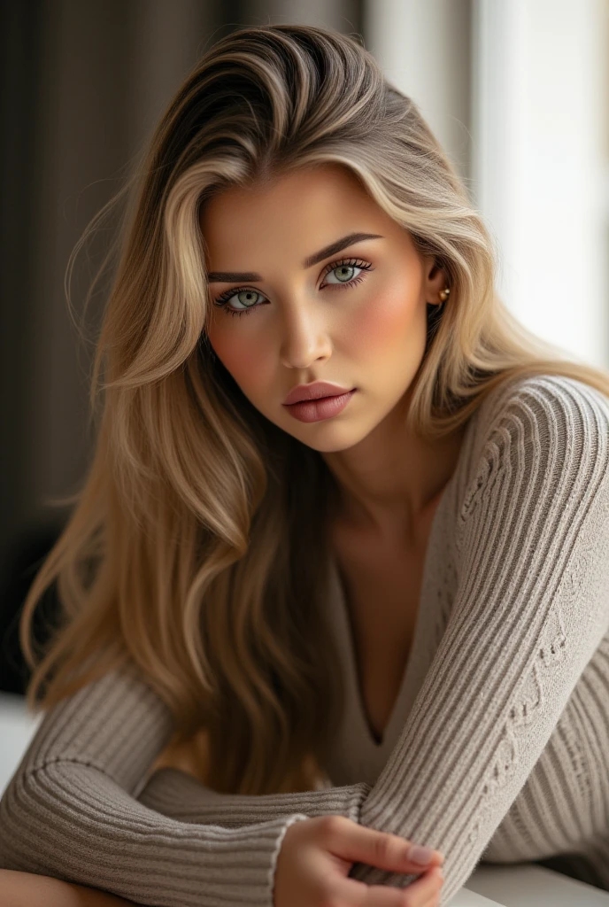1 girl in, 20 year, standing alone, long hair, Colossal , looking ahead at viewer, hair blonde, hair blonde, bare shoulders, greeneyes, jewelery, all-body, a necklace, off the shoulders, Sweaters, realisitic, A sexy, big boobies