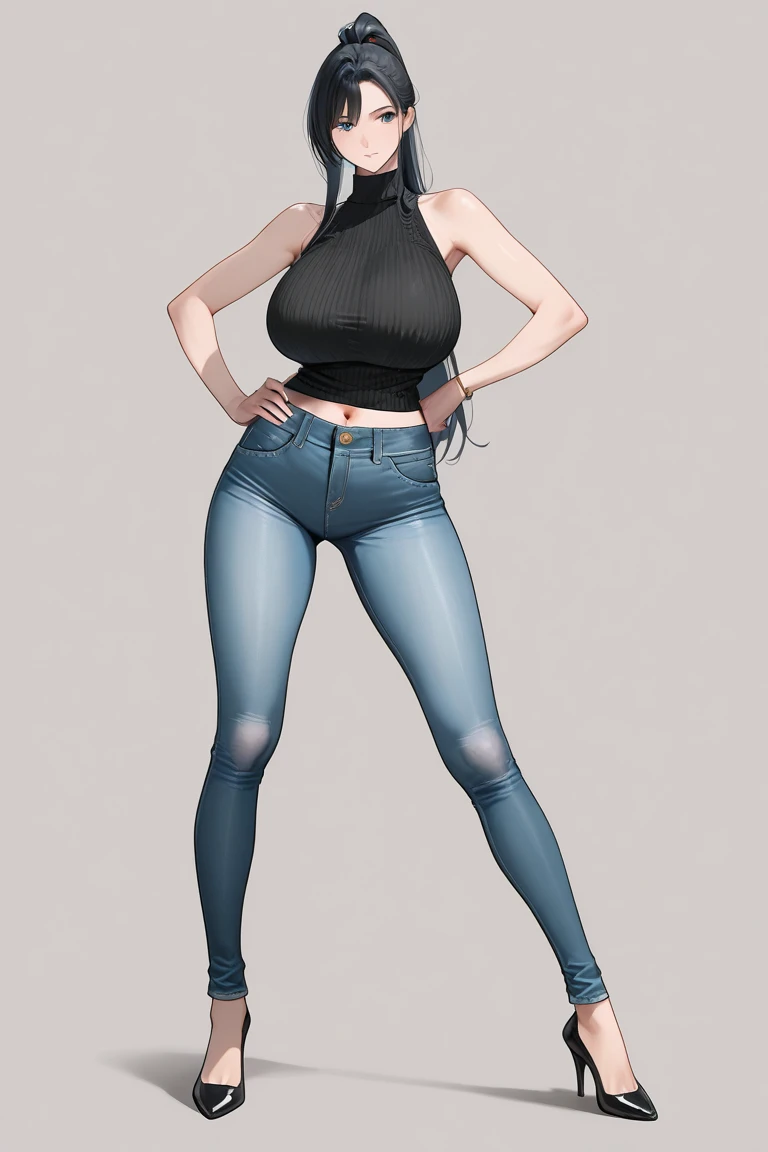 (draw) ((masterpiece, best quality)) (character design sheet, same character, front, side, back, with words written around it) a girl with long, brown hair and a straith hairstyle, brown eyes,, a pink crop top and black jeans, standing relaxing