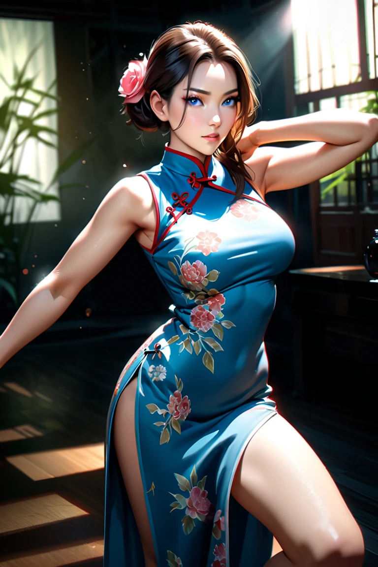 masterpiece, best quality, high resolution, 1 Girl, Solitary, Black Hair, Headbands, belt, short hair, skirt, blue eyes, Hair Bun, green Headbands, Blind, Chinese clothes, Hair Bun, green skirt, Short sleeve, Pelvic Curtain, barefoot, Fighting Stance, rock, outdoor,