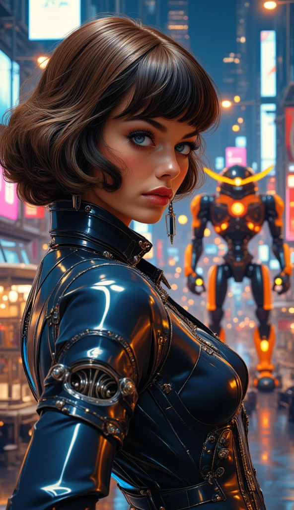 a close up of a woman in a dress with a bunch of robots, bestselling movie art poster, brunette fairy woman, golden computers, shiny plastic armor, youtube thumbnail, art in the style of disney, american realist, still from a movie, steve oliff, pin - up girl, cinderella, female protagonist, golden hour background, atomic age, chrome armor --auto --s2