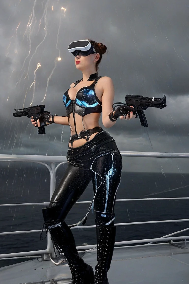 Aerial view, giant petrified beast, waterfall, sci-fi outdoor maze forest as background. Matrix style, at night, dark sky. (1girl, solo), photo realistic, large-breast:1.2 slim:0.9 body, cleavage:1.2, tube top, miniskirt, (matrix style black sunglasses), (holding a mini:1.1 stun gun), half-body thigh level medium shot, cinematic lighting, ray tracing.