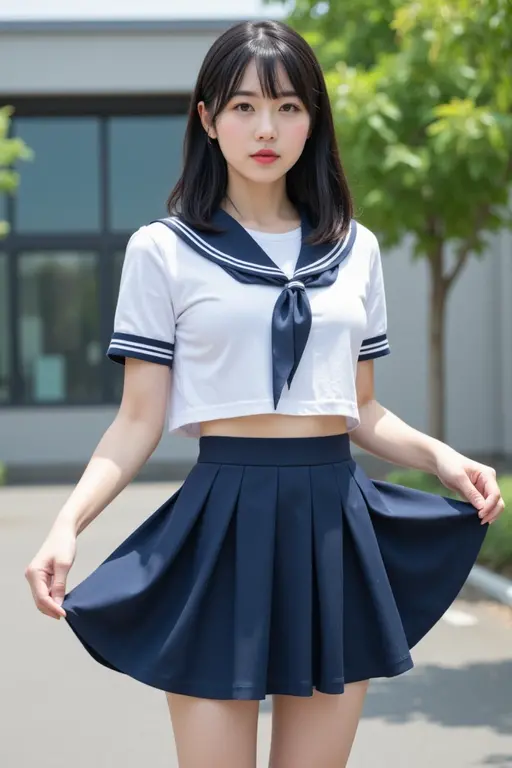 8k UHD、Digital single-lens reflex camera、High resolution、shallow depth of field、Natural light、(((sailor suit)))、(((Dark blue super mini skirt)))、(((full body shot)))、small person、(((young face)))、1 Japanese girl、16 years old; beautiful girl、(black hair)、(((brown eyes)))、Glossy skin、smooth thin hair、long hair、detailed background、highly detailed eyes and face、clear eyes、cute smile、Calm atmosphere、(((climb the stairs)))、(((detailed small breasts)))、(((beautiful eyes)))、petya pie、children `s、(((tight thighs)))、(((white panties)))、(((angle from below) ))、(((detailed lips)))、(((The skirt is fluttering)))、beautiful shining legs、((nsfw))