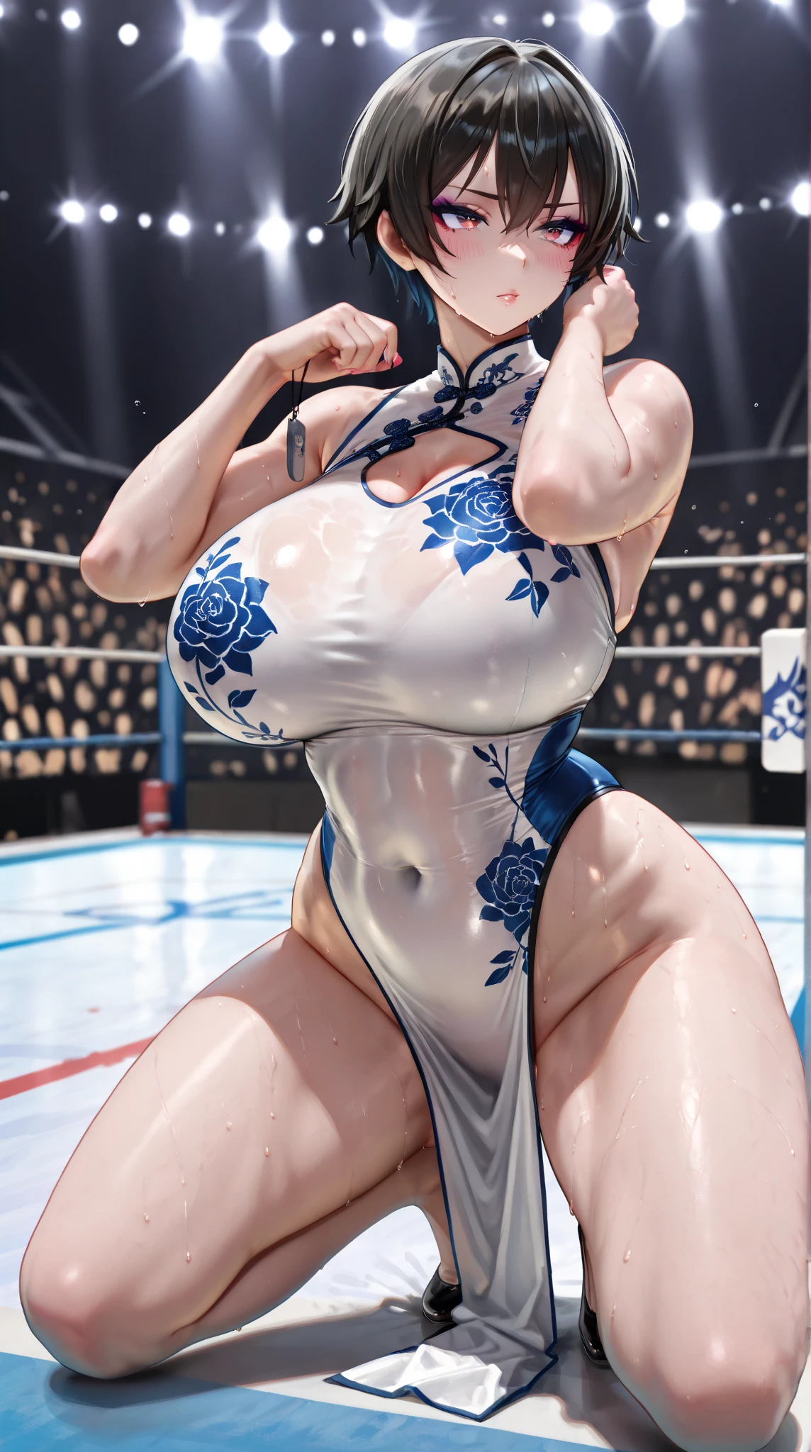 ((masterpiece)), ((high quality)), ((super detailed)), ((high resolution)) ,((8k)), a beautiful woman, ((She is one of the most famous female Gravure actress in the world.)), unparalleled beauty, ((huge breast)), ((large ass)), ((deep cleavage)), slim waist, chest out, ultra detailed face, perfect skin, (((Half-up hairstyle, Long blonde ponytail hair))), Green eyes, detailed eyes, whole body image, (((anime))), ((glamorous)), 24 years old, ((incredibly beautiful woman)), ((The I cup bust)), ((((sling bikini ring wear, See-through innerwear)))), ((beautiful breasts)), beautiful legs, 8 life size, anime, the most beautiful and strongest, ((charm)), ((Half Japanese and half British)), ((Grown-up face)), (((Women's mixed martial arts, A fighting arena))), ((((Bewitching)))), ((In combat, Combat pose)), excitement,