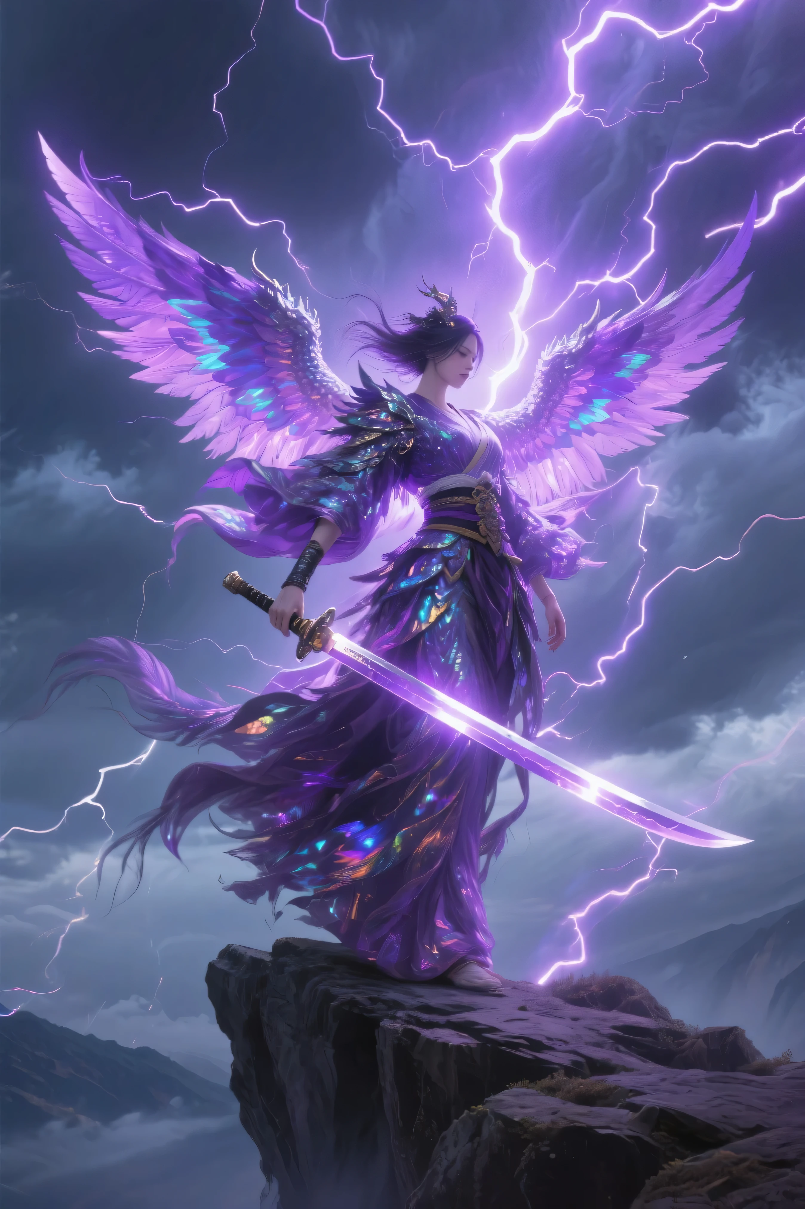 portrait of a female, busty, aasimar, spread white angelic wings, flying (dnd art, fantasy art, masterpiesce best quality), cleric, (dnd art, fantasy art, masterpiesce best quality), with a long braided red (dnd art, fantasy art, Masterpiece, best quality) , heavy white plait mail arrmor , (dnd art, fantasy art, masterpiesce best quality) armed in the right hand with a long sword with runes (Masterpiece, best quality) casting a spell (dnd art, Masterpiece, best quality), wearing cloak (purple, flowing) , in a fantasy castle background , (dnd art, fantasy art, Masterpiece, best quality)
