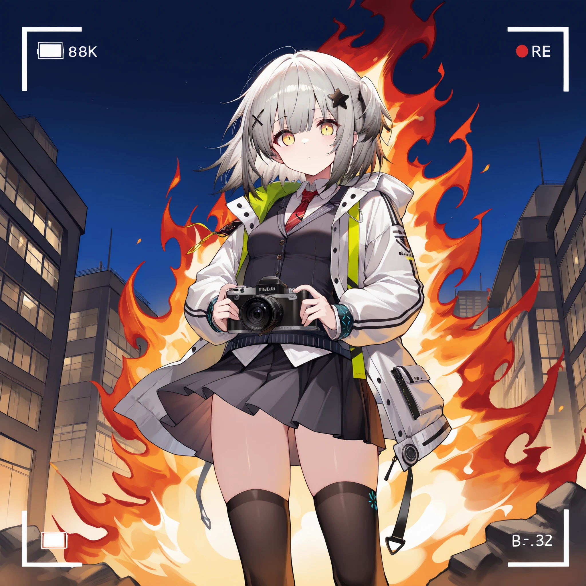 Riot, nuclear power plant on background, terrorist group, fluorescent headgear, short hair, blue hair, firing from flamethrower, middle school girl, 14 years old, gas mask, high socks, rooftop at night, city on the background is burning