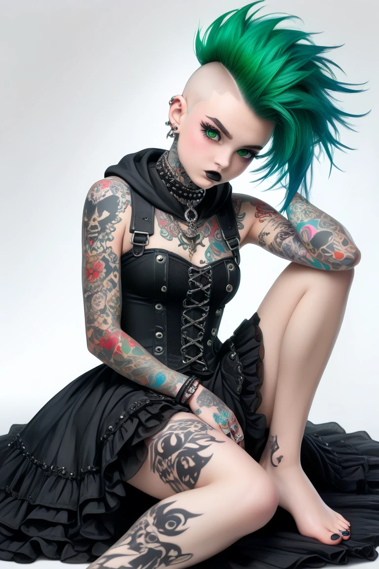 a sexy punk girl with a shaved vulva, nipple piercings, and a visible anus, wearing a mini-skirt, 1girl, detailed face, beautiful detailed eyes, beautiful detailed lips, extremely detailed eyes and face, long eyelashes, shaved vulva, nipple piercings, visible anus, mini skirt, punk style, fishnets, tattoos, dark makeup, dark clothing, grungy, moody lighting, dark shadows, dramatic contrast, photorealistic, 8k, ultra-detailed, hyper-realistic, masterpiece