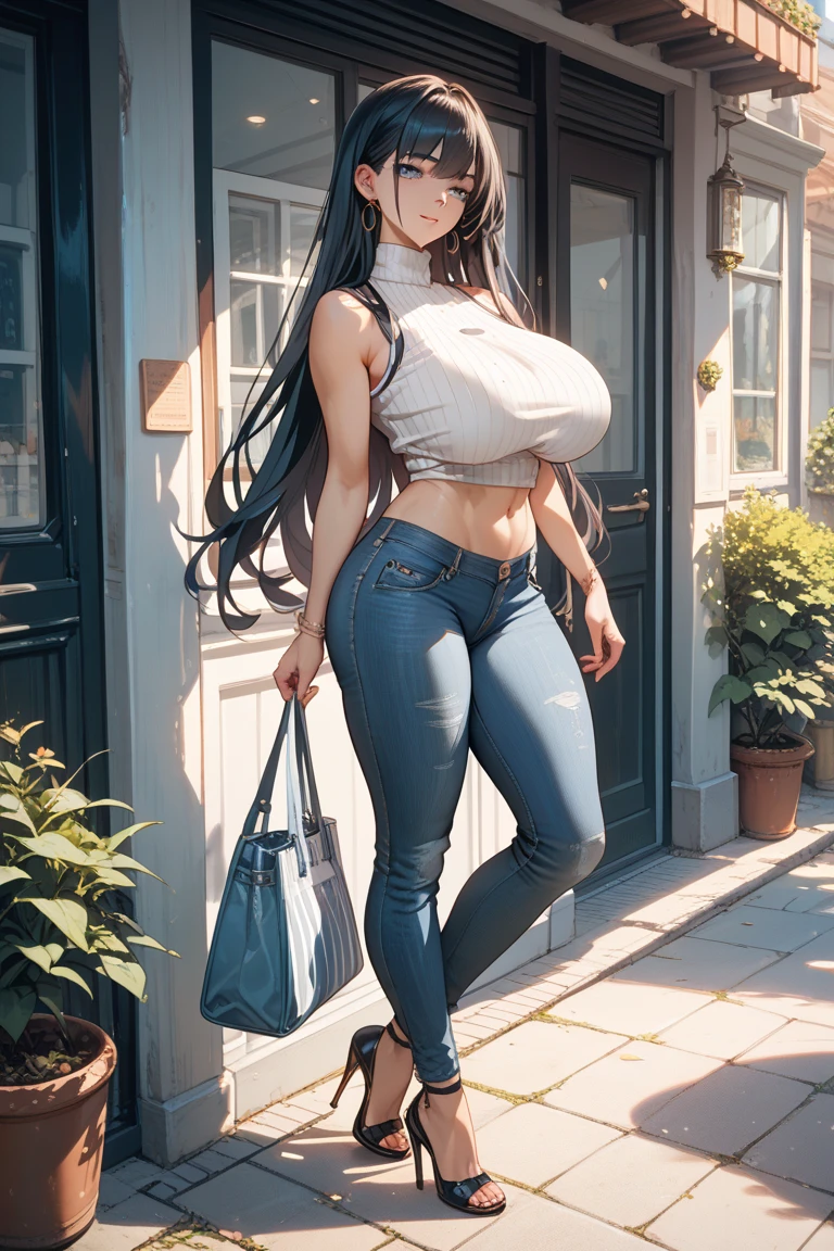Delicate face, hairstyle: long curly hair, hair color gradient white, red, yellow, green, blue, purple color, hair length: 300cm. Height: 200cm, weight: 400 pounds, huge chest, especially huge wide hips, strong muscles all over the body, large abs, huge thick leg muscles, exaggerated waist to body ratio, clothes not holding back, full body lens, mechanical cyber heels, HD 8K, CG, overhead lens, full body shot including shoes bare shoulders, ripped pants, breasts, breasts squeezed together, torn pants, parted lips, solo, V-arms, outdoor Beijing (shiny skin), (Masterpiece: 1.4), (Best Quality: 1.4) ,,, Facigirl, Red Lips, Perfect Abs, Navel, (: 1.5), (Clear Areola), , Huge, Sweaty, Full Body from Head to Toe