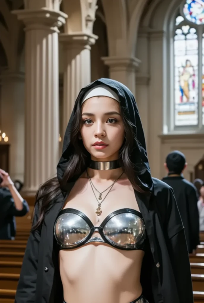 dirty, wet, A nun 16 year old, baby face, church, cross, bible,, showing her breast, small breast, sitting open legs spread to side, showing her pussy, Chained hands behind, tied up and restraint , BDSM, bondage, Collared, chained,