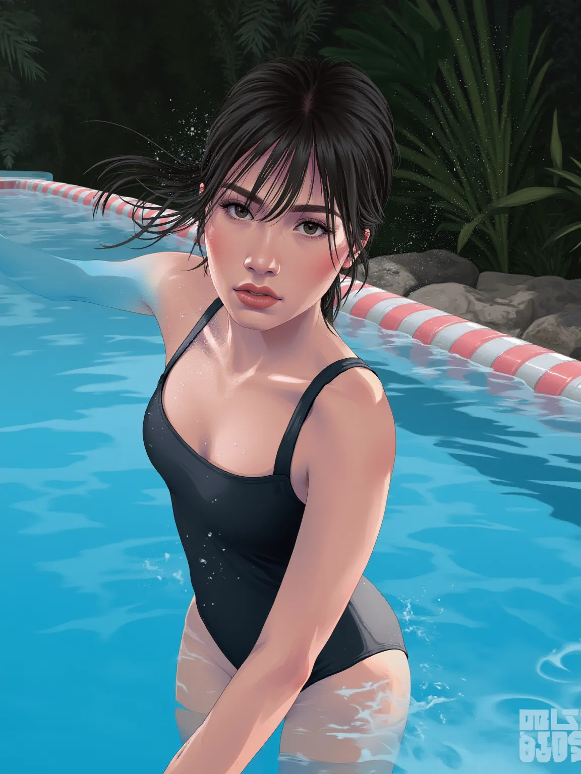 there is a light brunette woman, in a white bikini leaning over a pool, realistic bikini, estilo de arte realista. Estilo de arte, realistic water, [ arte digital 4k ]!!, imagem ultra realista, pintura digital realista, digital oil painting with airbrush, ao lado de uma piscina, roupa de banho