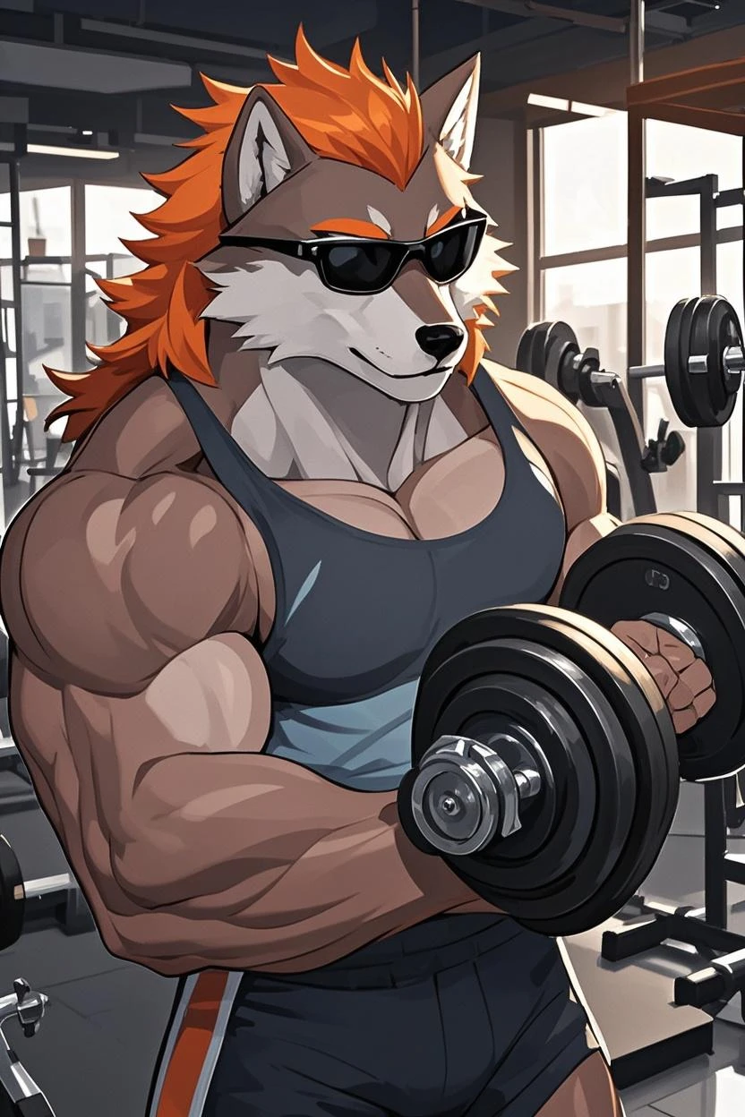 solo, 1boy, Huge Muscular Old Grizzly Bear wearing glasses , pectoral, huge pectoral, wide pectoral, short white hair, short pants black wristbands and shirtless topless, bearded, Mustache, gym background, masterpiece, high detailed, 8k, high resolution, horizontal, at the gym, exercising arms, lifting weights, inchest bench press