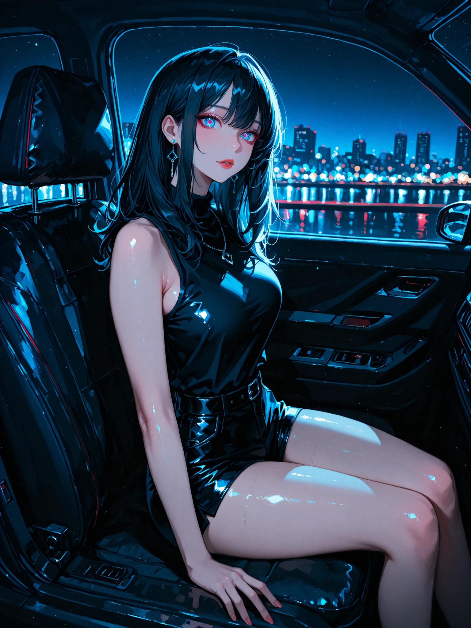 cruel ((glistening Irish (goth) 40 yo goddess)) with long purple curly hair sitting in a car with her pretty perfect feet up while talking on her cell phone, short pleated skirt, plump thighs, pubes visible, quality photo, in the middle of the cannabis forest Tokyo city streets, city streets behind her, driving