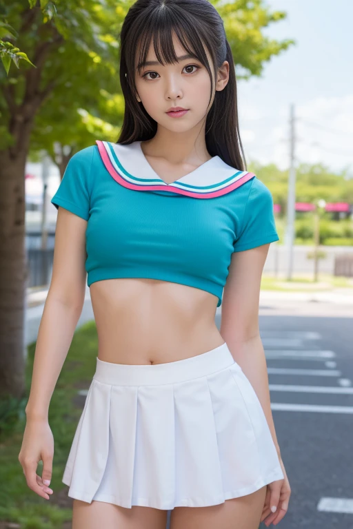 Two 10-year-old, Japanese elementary school girls, 110 cm tall and small titsed, (Flat chest), are walking to school and (((Walking to school with a randoseru))), wearing Baby blue micro mini high cut skirt, Baby blue micro mini high cut tank tops, ((The fabric is thin so it's see-through)), ((navel-baring)), (The fabric is so thin that the shape of my nipples is clearly visible), (The fabric is so thin that you can clearly see the shape of my vagina through my panties),