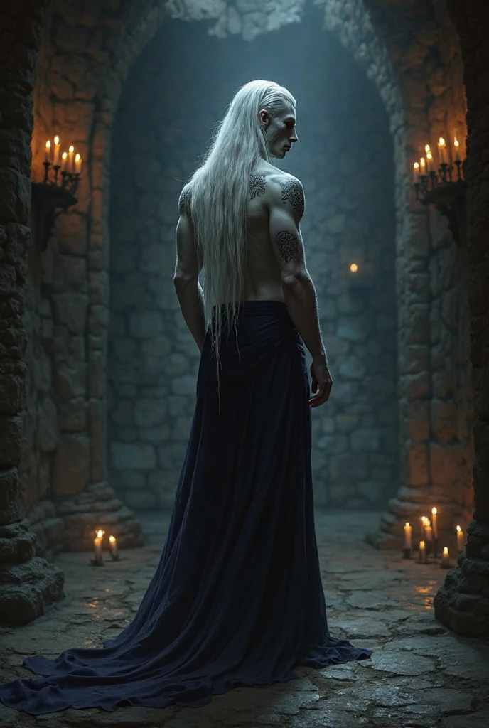 Generate a majestic image of a young male like a gods, surrounded by an aura of power and grace, white hair, short hair, shirtless, slim body ,emanating wisdom and strength around you , powerful