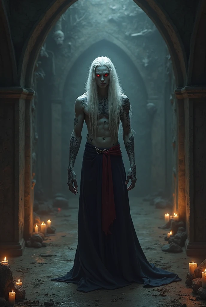a man with effeminate features, white hair, muscles and a cursed aura, gay