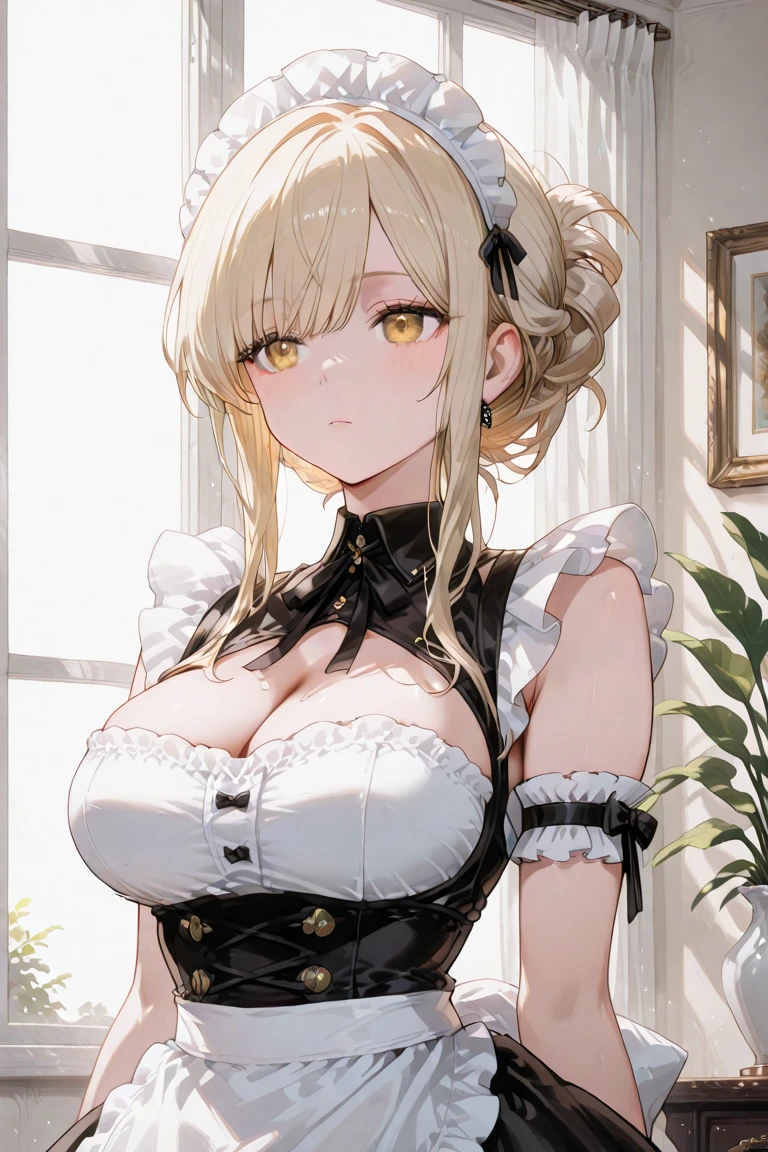 ((masterpiece, highest quality, Highest image quality, High resolution, photorealistic, Raw photo, 8K)), Ultra Wide Angle, blonde, maid dress, mini skirt, medium hair, onnanoko, (cleavage:1.3), (side boob:1.2), (wide waist:1.2), sexy thighs, naval, loose appron, sad, blushing, (small breast:1.2), (breast gap:1.4), nipples sticking out of clothes