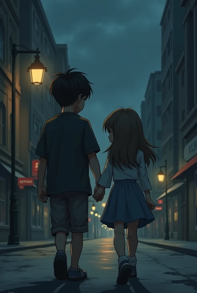 A girl and a boy are entering the night movie theater anime