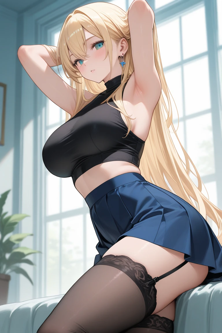 masterpiece, best quality, ultra detailed, detailed eyes, sparkling eyes, (nsfw), , huge breae image depicts an anime-style character with a vibrant and expressive appearance. She has long blonde hair styled in a high ponytail, secured with a black hairband. Her bright blue eyes are striking and exude a cheerful and lively demeanor. The character is wearing a black tank top that accentuates her figure and reveals her midriff, adding to her casual and energetic look. She is accessorized with a chunky, silver chain necklace that has a padlock pendant, giving her a slightly edgy appearance. Her wrists are adorned with black and gold bracelets, complementing her overall style. The character is positioned in a room with a large window that allows natural light to flood in, casting soft shadows and enhancing the warm, inviting atmosphere. Her pose is dynamic and engaging, as she appears to be leaning forward on her hands, suggesting a moment of interactionness. The background of the room is minimally detailed, with a focus on the character herself, ensuring that she remains the central element of the image. Overall, the image captures a sense of youthful energy and charm through its detailed and vibrant illustration style.