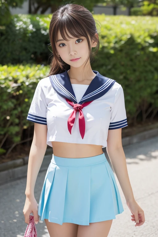 robber girl , , smile, eyes are brown, table top, highest quality,(get used to it),(naked),girly running,, Navel exposure , (服を脱いでchest comes out)、(chest comes out),(nipple)、(areola)、(Half-dressed sailor suit) 、on the way to school, (thin:1),Japanese, small breasts, sexual, the wind is blowing, Sky blue seaside,bright sunshine、Big eyes、ponytail、short hair