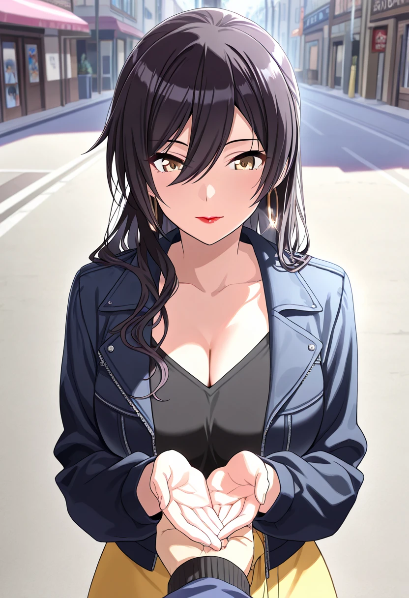 A striking scene with a mature 21-year-old female character, captivating the attention of an adolescent boy in a lively spring field. The woman, with her long wavy blond hair, V-shaped bangs, and blue eyes, exudes confidence in her white blouse and chocolate-colored corset, skinny tight blue jeans, and high boots. The boy, with short dark hair and a slim build, gazes intently at her, showcasing his admiration. The background is a vibrant, sunlit field, creating a dynamic and intriguing atmosphere that tells a story of attraction and curiosity.
