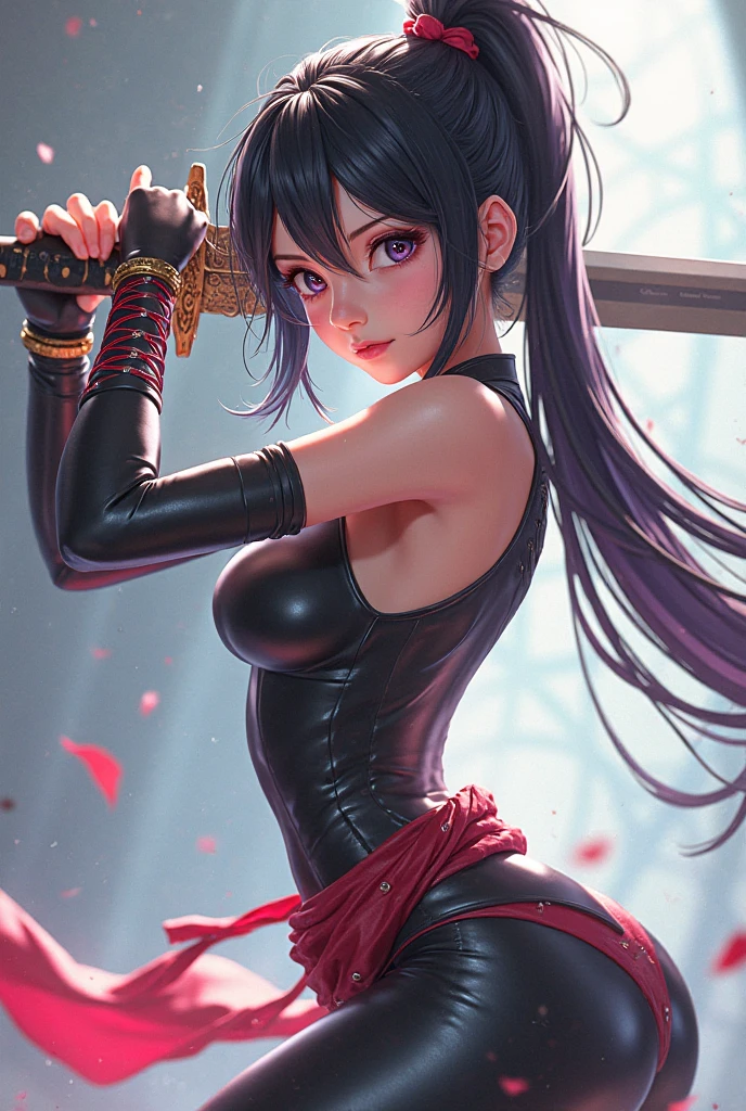 a very shy magical beautiful girl with long dark black hair, piercing blue eyes. Dressed as an erotic ninja in miniskirt, wielding a magic sword, scary diabolical world, (EXTREMELY HUGE BREASTS), wide neckline, image of a full-body woman..Description of extreme details, vivid and intense colors, vibrant colors, bright eye,image 3D,breasts 3D,((mejor calidad)), ((obra maestra)), (detallado), ((alta resolución))
