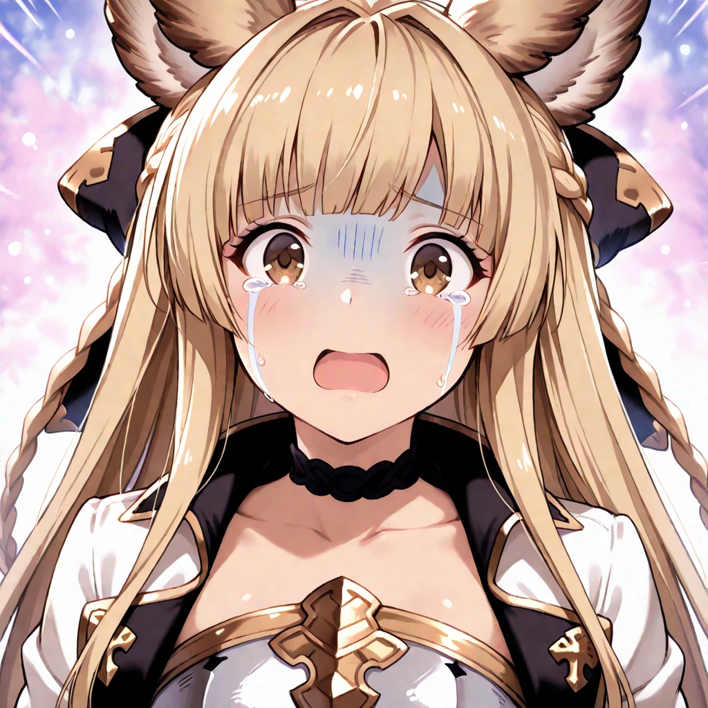 (masterpiece:1.2), (highest quality:1.2), mountainous horizon, perfect face, perfect lighting, no background, 1 girl　Cat ear　((big breasts))　nude, blonde　blue eyes　, ((Webby Hair)), noble long hair, cute eyes, Medium chest, ((((bright)))), , vivid description, abs, Tsurime, open mouth,, smile, nude, medium breast, ((from above)), ((front)), open mouth, Vivid depiction, ), Are standing (tooth), ((looking up:1.3))), (face close up:1.4), ((((((cum on tongue)))))), jig eyes,  ((((((cum on hair)))))), (((pupils))), ((simple eyes)), (((((cross-eyed))))),Sweat, , ((((punching)))), ((crying face))