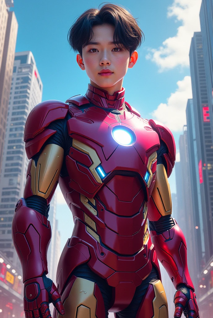 Highest image quality, highest resolution, 8K, human face, mechanical body, modified person, delicate facial features, 14-year-old girl's face, robotic arm, and a miniature nuclear reactor like Iron Man on his chest