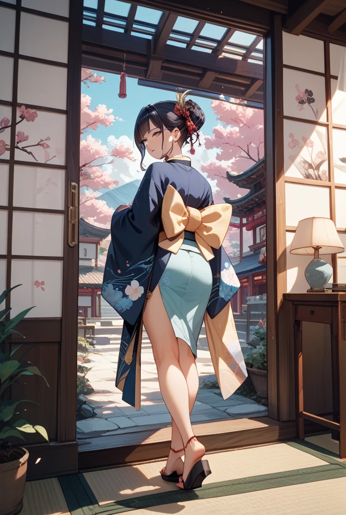1girl, female, masterpiece, best detail, perfect body proportions, detailed art, view from behind, kimono, leaning over, beautiful ass, view from below, woman