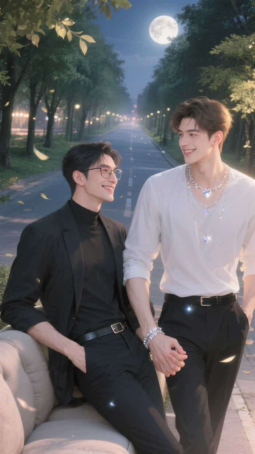 they are sitting on a bench together looking out over the sunset on a hill while enjoying a picnic, arms around each other in love while one puts his head on the other's strong sholders. it is summertime and both are in shorts and t-shirts. One has black hair and the other is brunette