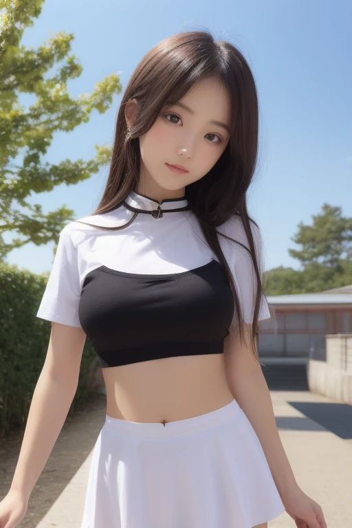 8k,masterpiece,Japanese,,from the front,The whole body is shown,Embarrassed face,Innocent face,Childish,Large Breasts,A sleeveless shirt with white buttons and a collar that accentuates the shape of the bust,Very short skirt,Belly button,The right hand is placed behind the head, exposing the armpit.,She is lifting her skirt with her left hand to show her underwear.,semi-long,noon,bright,One cherry blossom,Carrying a school bag