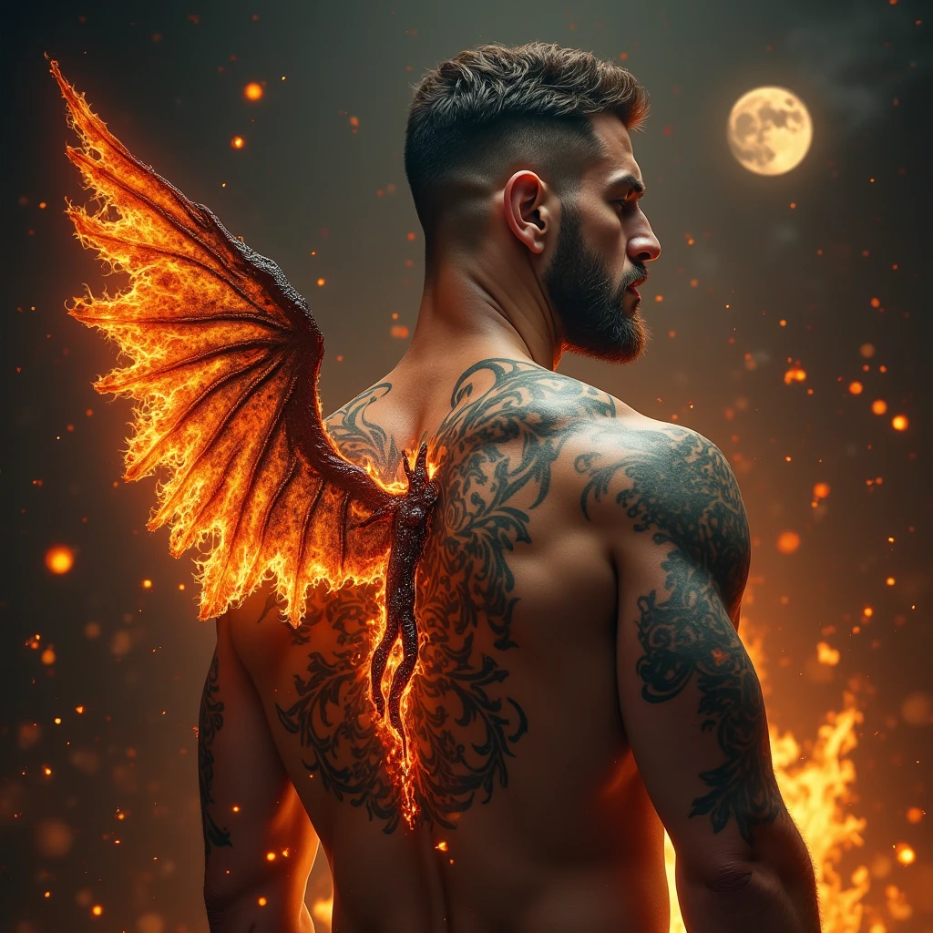 Angelic Man, fire, mist, Tribal tattoo
PhotoReal, 768x512, Alchemy