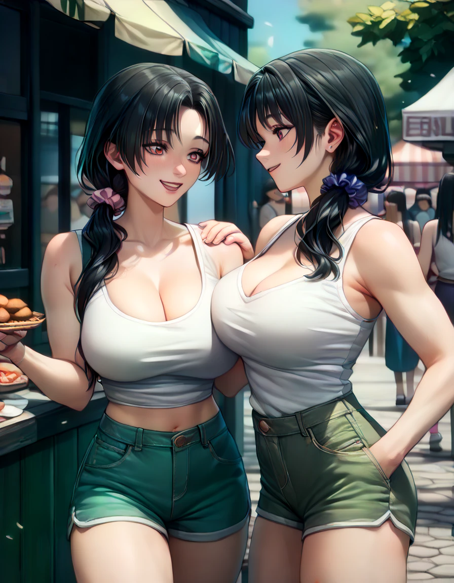 best quality, (masterpiece),(ultra-detailed), (high quality), (high resolution), ((2heads:1.5)), best quality:1.5, highres, UHD, 16K), two headed woman, smiling, highres, masterpiece, (brown hair), cleavage, (purple shirt), white shorts pants, lustrous and smooth skin, (mature woman), (blue eyes), white gloves, exposed midriff, seductive silhouette, ((slim hips)), casual dress, sexy proportions, Beautiful girl with accentuated slender abs, long legs, seductive woman