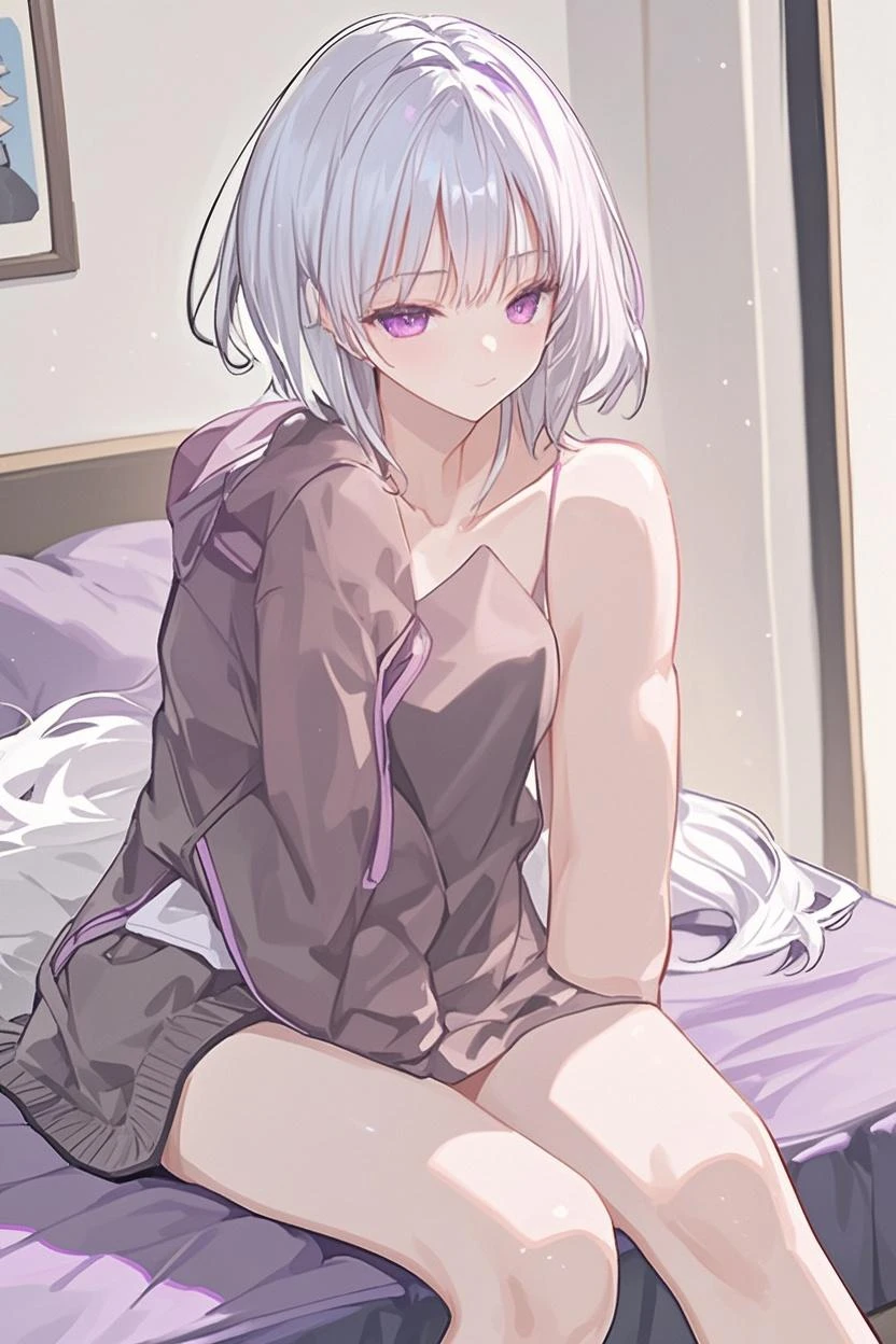 masterpiece, top quality, high resolution, 1 girl, solo, small, long hair, gray eyes, gray hair, ahoge, bangs, hair between eyes, floating hair, (naked oversized shirt), shirt pulling, bare shoulders, sitting on bed, blush, sweat, wet,