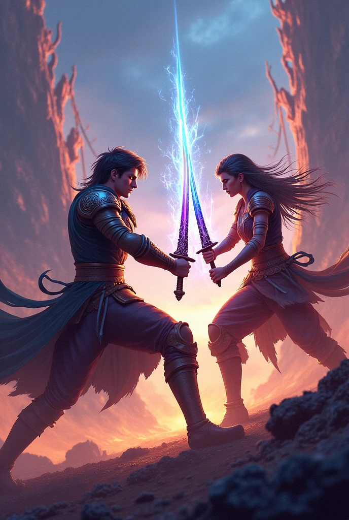 Alleia and Malcolm are engaged in an intense battle against a dark, menacing creature in a mystical forest on Slaphnyr Island. Alleia, with her blonde hair and light blue eyes, is casting a powerful fire spell, while Malcolm, with his dark purple hair and black eyes, is wielding a glowing magical sword. The creature, shrouded in shadows, has red, glowing eyes and sharp claws. The forest around them is illuminated by the magical energy of their attacks, creating a dramatic and action-packed scene. (photo realistic:1.4), (hyper realistic:1.4), (realistic:1.3), (smoother lighting:1.05), (increase cinematic lighting quality:0.9), 32K, realistic lighting, ray trace, (brightening light:1.2), (Increase quality:1.4), (best quality real texture skin:1.4), finely detailed eyes, finely detailed face, finely quality eyes. (UHD, retina, masterpiece, accurate, anatomically_correct, textured_skin, super_detail, high_details, high_quality, best_quality, high_res, 1080P, HD, 4K, 8k, 16k), (beautiful_detailed_eyes, beautiful_detailed_lips, extremely_detailed_eyes_and_face), soft_lighting, physically-based_rendering, vivid_colors, (Best Highest Quality, 8K, High Resolution, Masterpiece:1.2), Ultra Detailed, Extremely Fine, (Realistic, Photo Realistic:1.37).